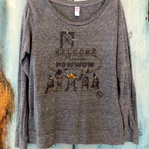 “A Powwow Welcome” Native American gray t-shirt embellished with rhinestones - Picture 2 of 15